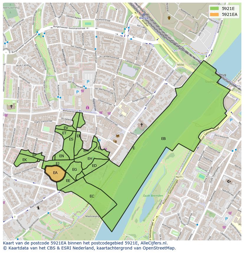 Afbeelding van het postcodegebied 5921 EA op de kaart.