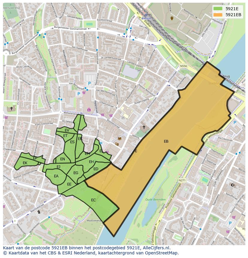 Afbeelding van het postcodegebied 5921 EB op de kaart.