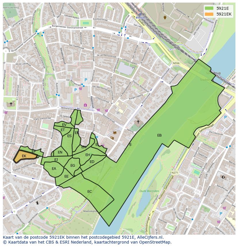 Afbeelding van het postcodegebied 5921 EK op de kaart.