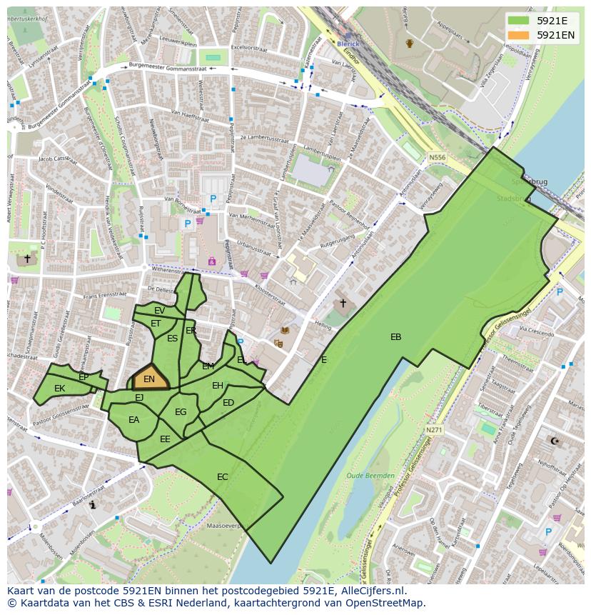 Afbeelding van het postcodegebied 5921 EN op de kaart.