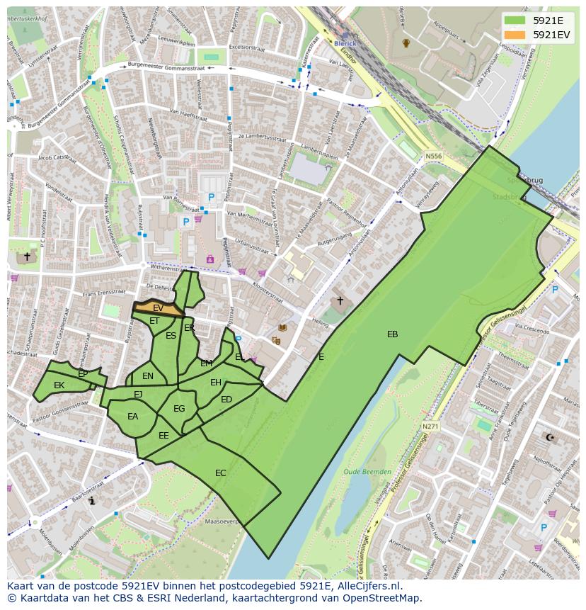 Afbeelding van het postcodegebied 5921 EV op de kaart.