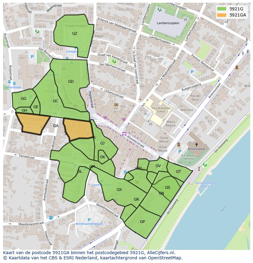 Afbeelding van het postcodegebied 5921 GA op de kaart.