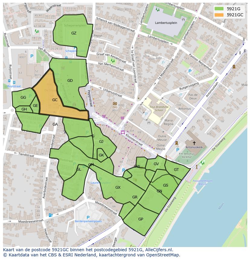 Afbeelding van het postcodegebied 5921 GC op de kaart.