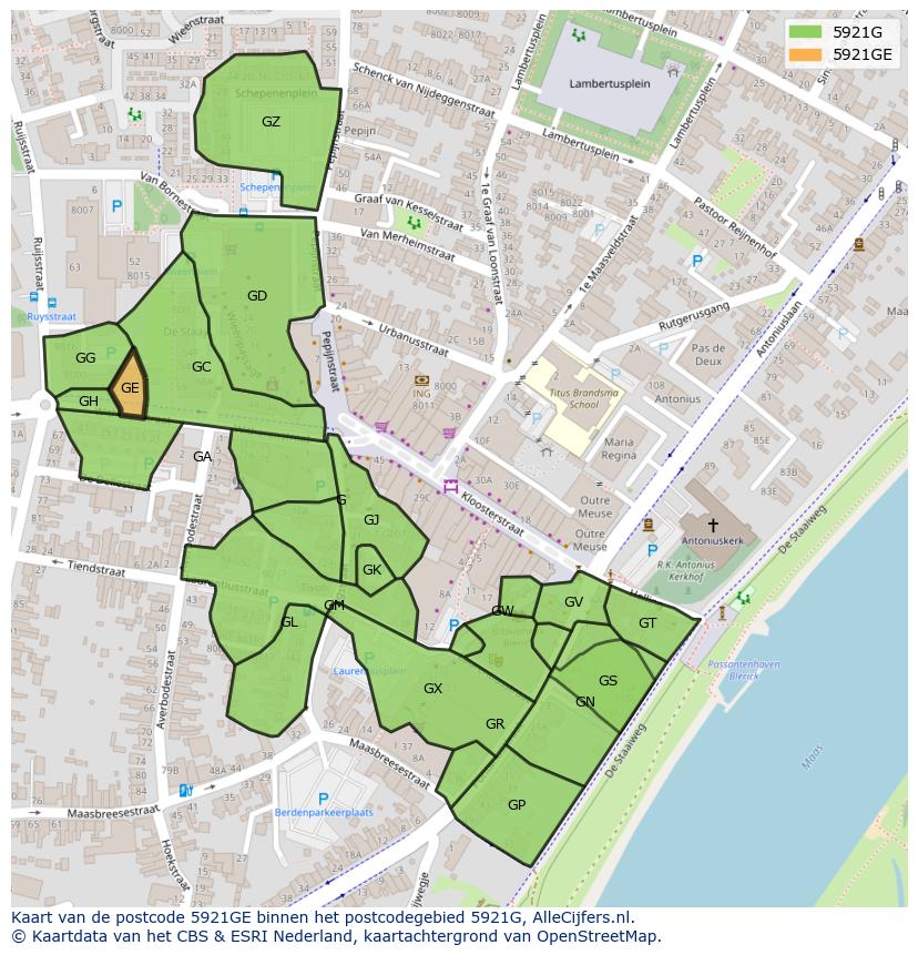 Afbeelding van het postcodegebied 5921 GE op de kaart.
