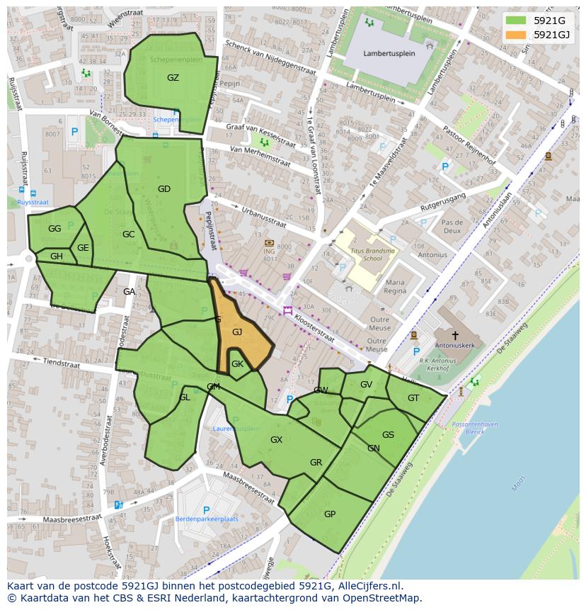 Afbeelding van het postcodegebied 5921 GJ op de kaart.