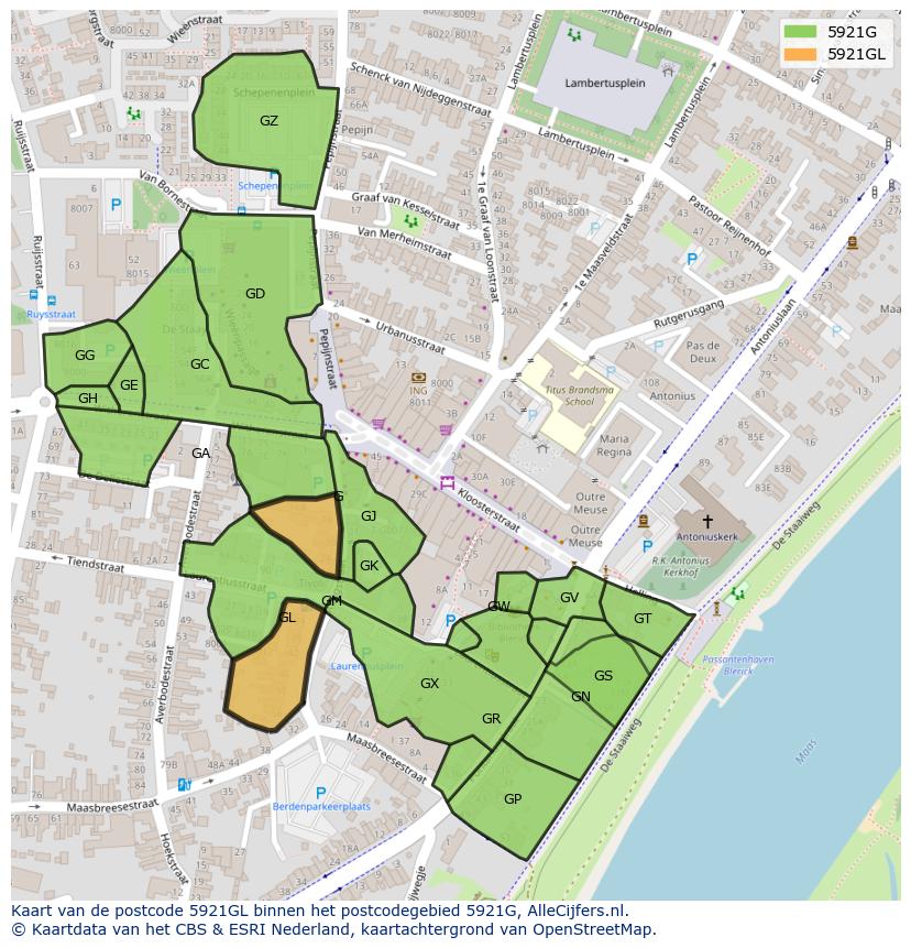 Afbeelding van het postcodegebied 5921 GL op de kaart.