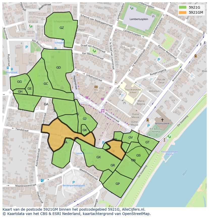 Afbeelding van het postcodegebied 5921 GM op de kaart.