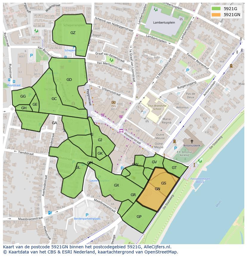 Afbeelding van het postcodegebied 5921 GN op de kaart.