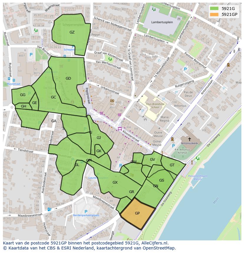 Afbeelding van het postcodegebied 5921 GP op de kaart.