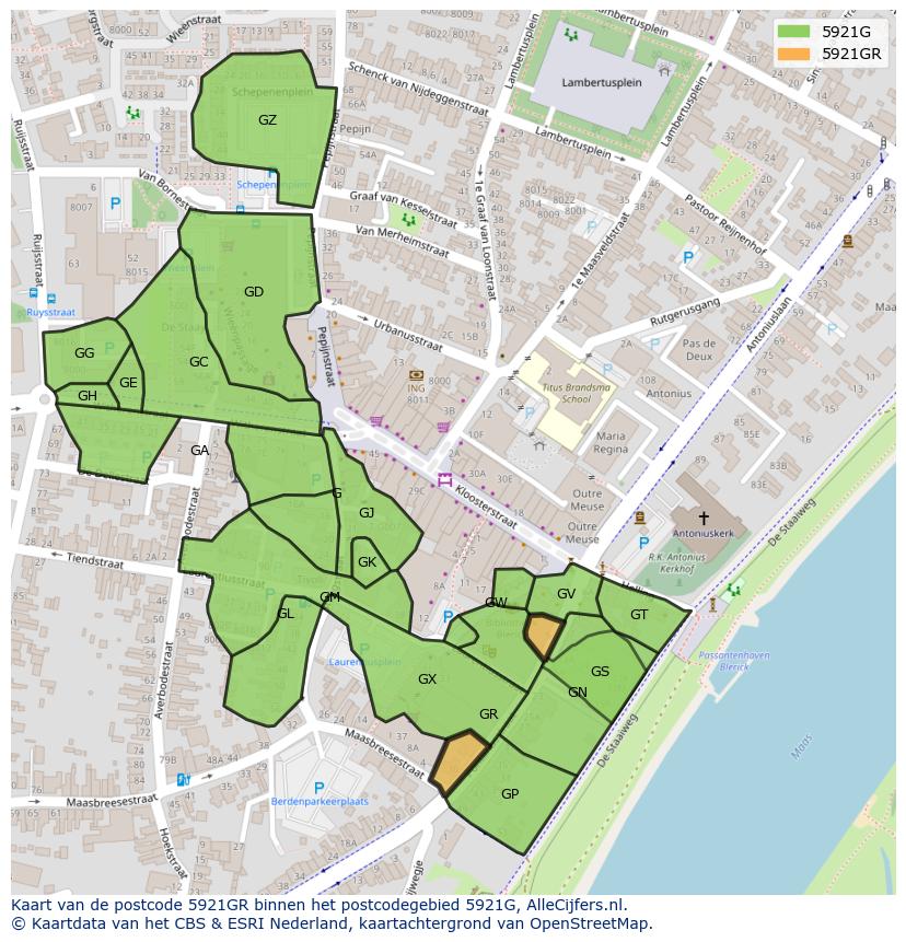 Afbeelding van het postcodegebied 5921 GR op de kaart.