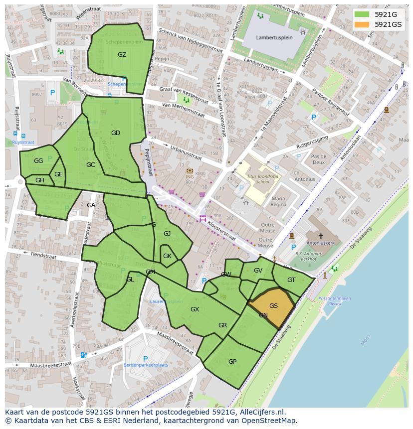 Afbeelding van het postcodegebied 5921 GS op de kaart.