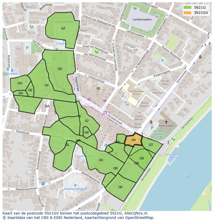 Afbeelding van het postcodegebied 5921 GV op de kaart.