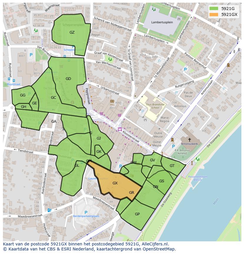 Afbeelding van het postcodegebied 5921 GX op de kaart.