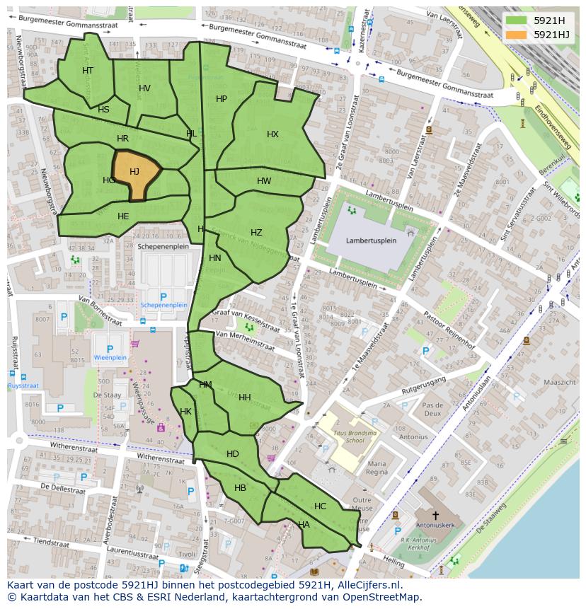 Afbeelding van het postcodegebied 5921 HJ op de kaart.
