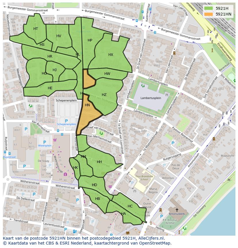 Afbeelding van het postcodegebied 5921 HN op de kaart.