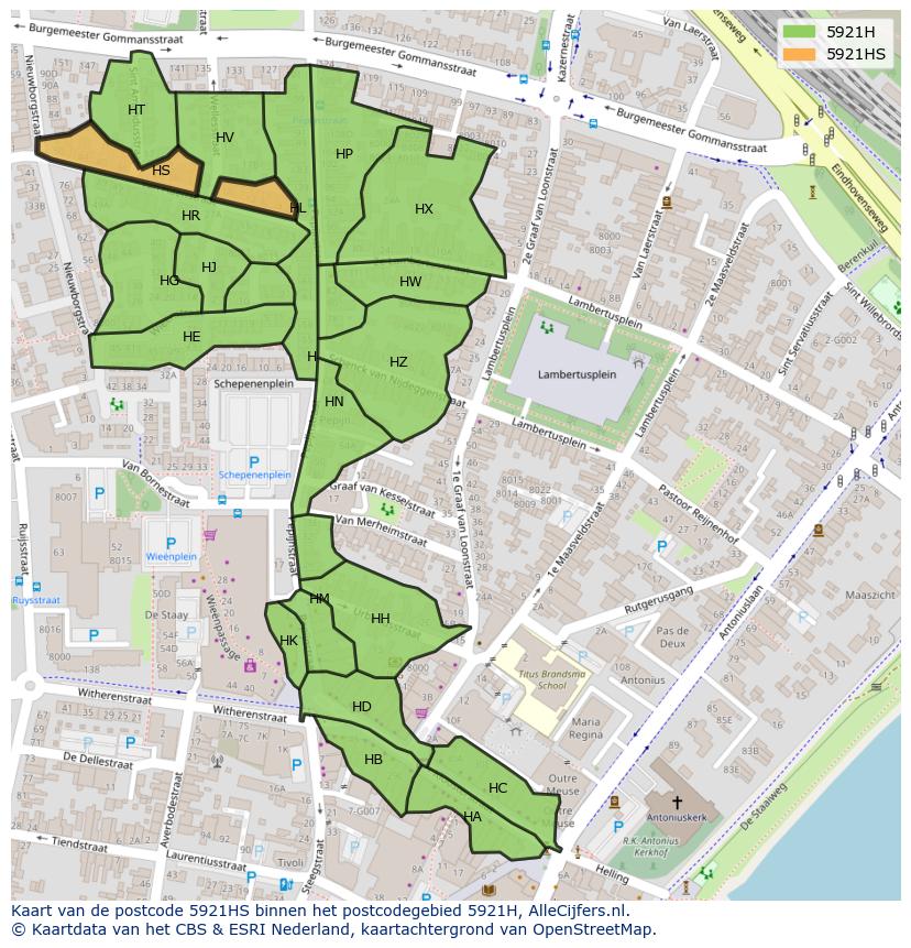 Afbeelding van het postcodegebied 5921 HS op de kaart.