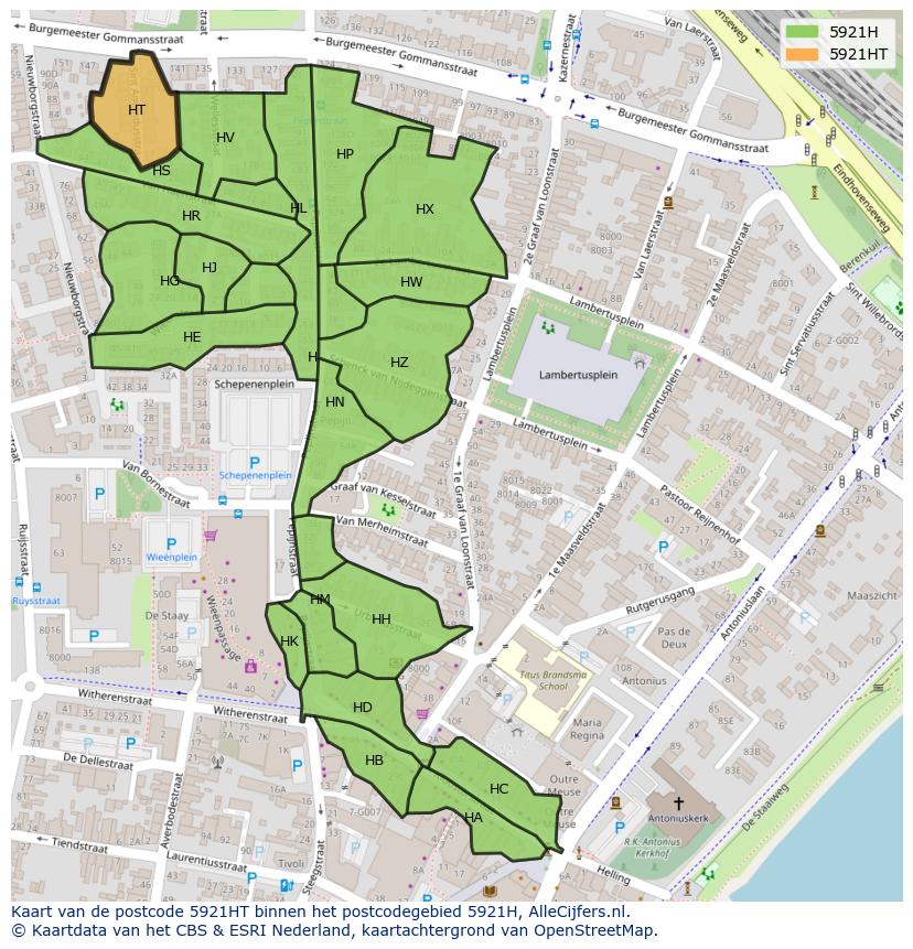Afbeelding van het postcodegebied 5921 HT op de kaart.