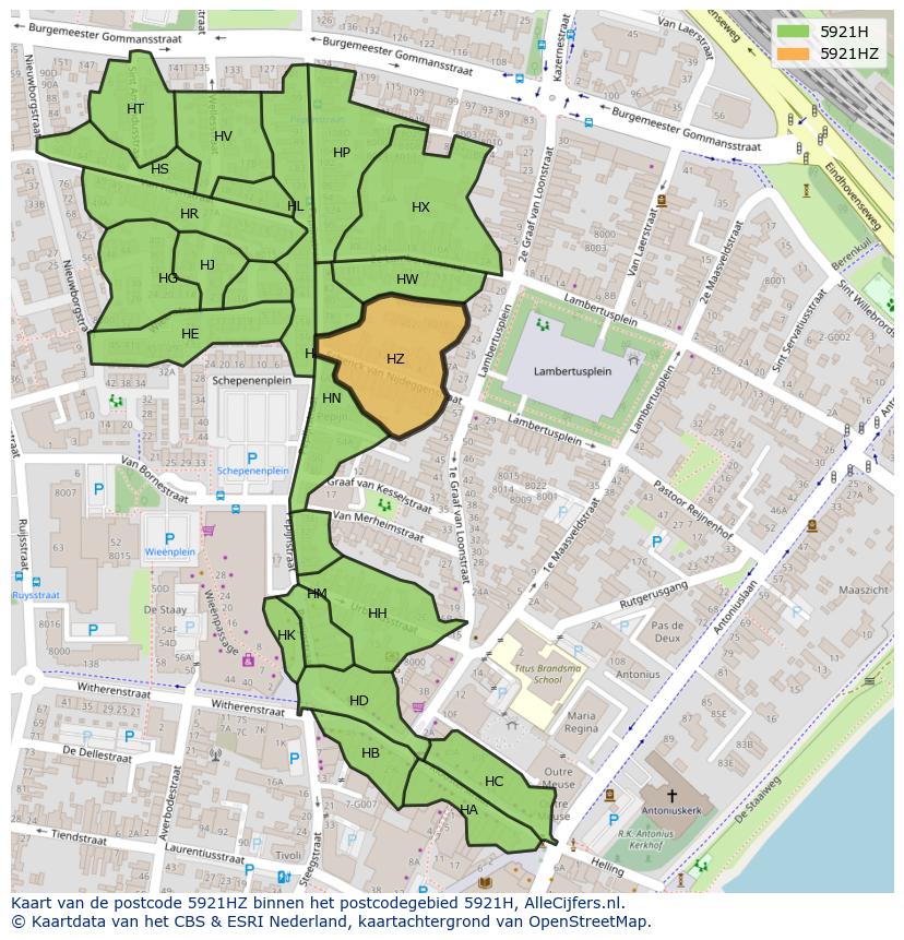 Afbeelding van het postcodegebied 5921 HZ op de kaart.