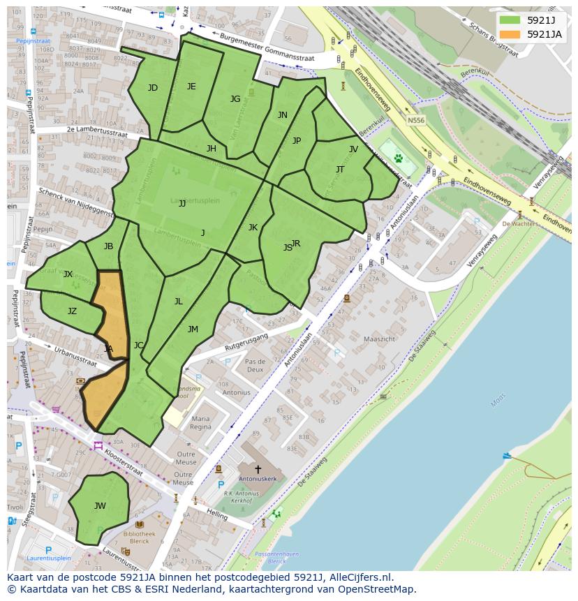 Afbeelding van het postcodegebied 5921 JA op de kaart.