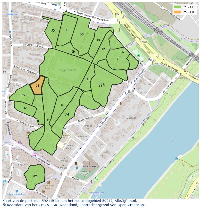 Afbeelding van het postcodegebied 5921 JB op de kaart.