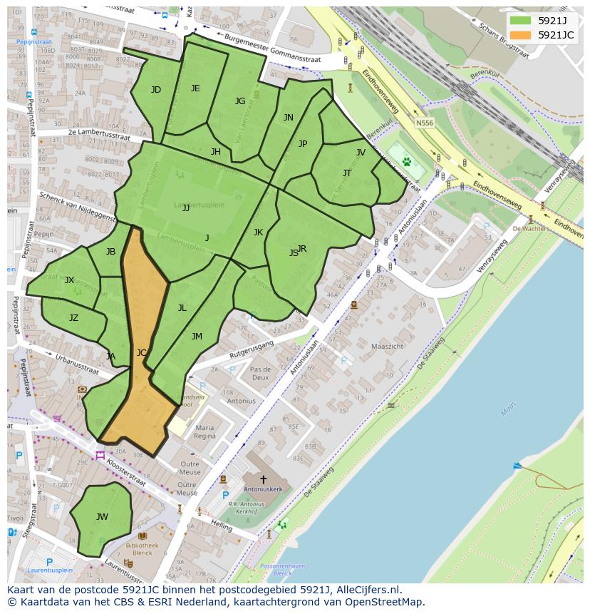 Afbeelding van het postcodegebied 5921 JC op de kaart.