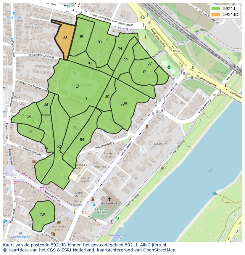 Afbeelding van het postcodegebied 5921 JD op de kaart.