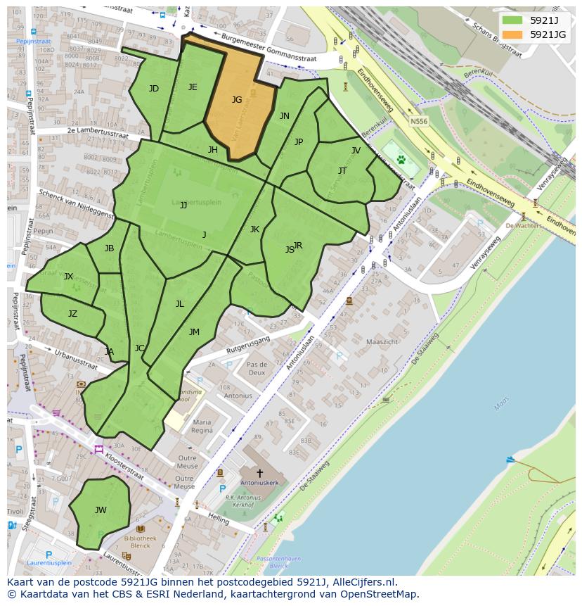 Afbeelding van het postcodegebied 5921 JG op de kaart.