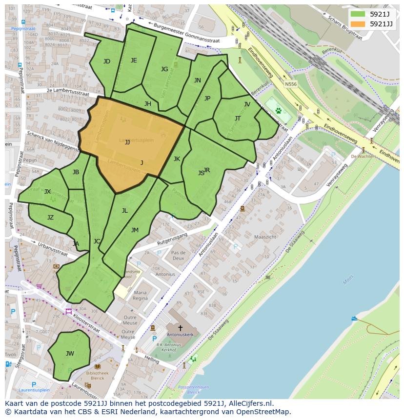 Afbeelding van het postcodegebied 5921 JJ op de kaart.