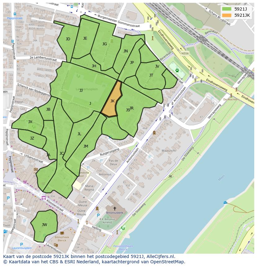Afbeelding van het postcodegebied 5921 JK op de kaart.