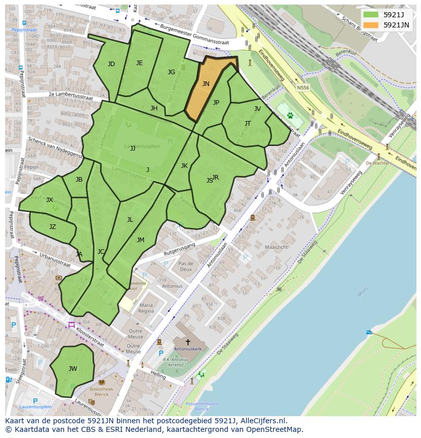 Afbeelding van het postcodegebied 5921 JN op de kaart.