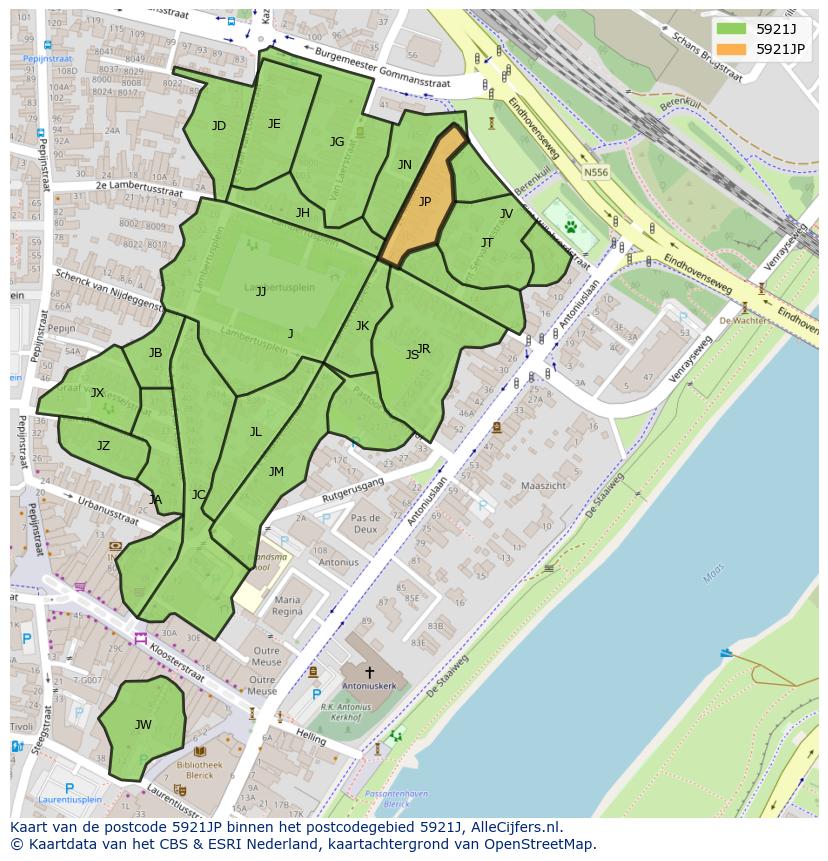 Afbeelding van het postcodegebied 5921 JP op de kaart.