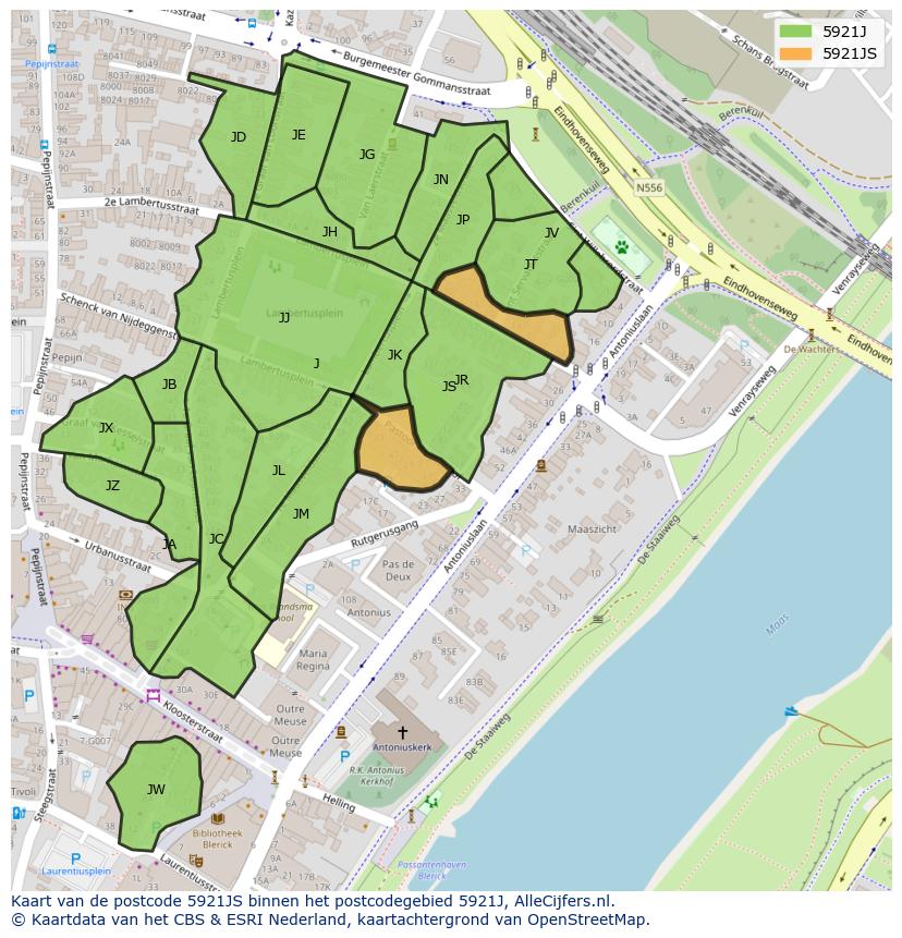 Afbeelding van het postcodegebied 5921 JS op de kaart.