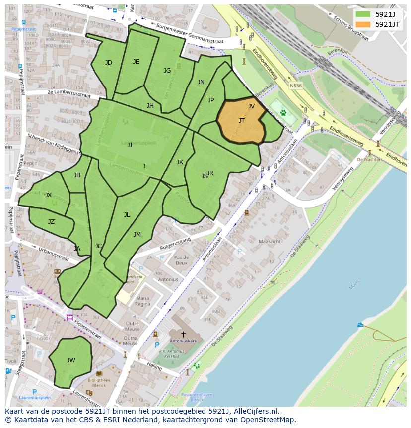 Afbeelding van het postcodegebied 5921 JT op de kaart.