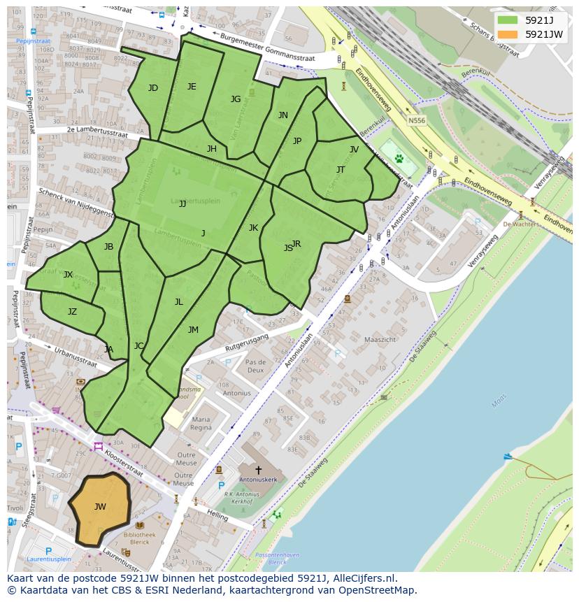 Afbeelding van het postcodegebied 5921 JW op de kaart.