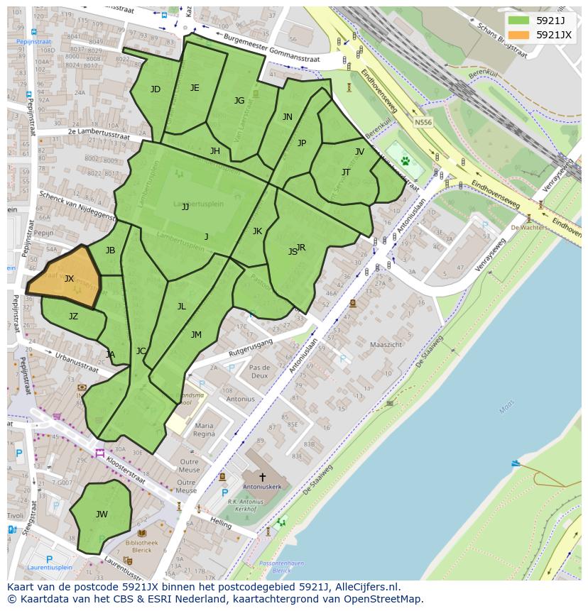 Afbeelding van het postcodegebied 5921 JX op de kaart.