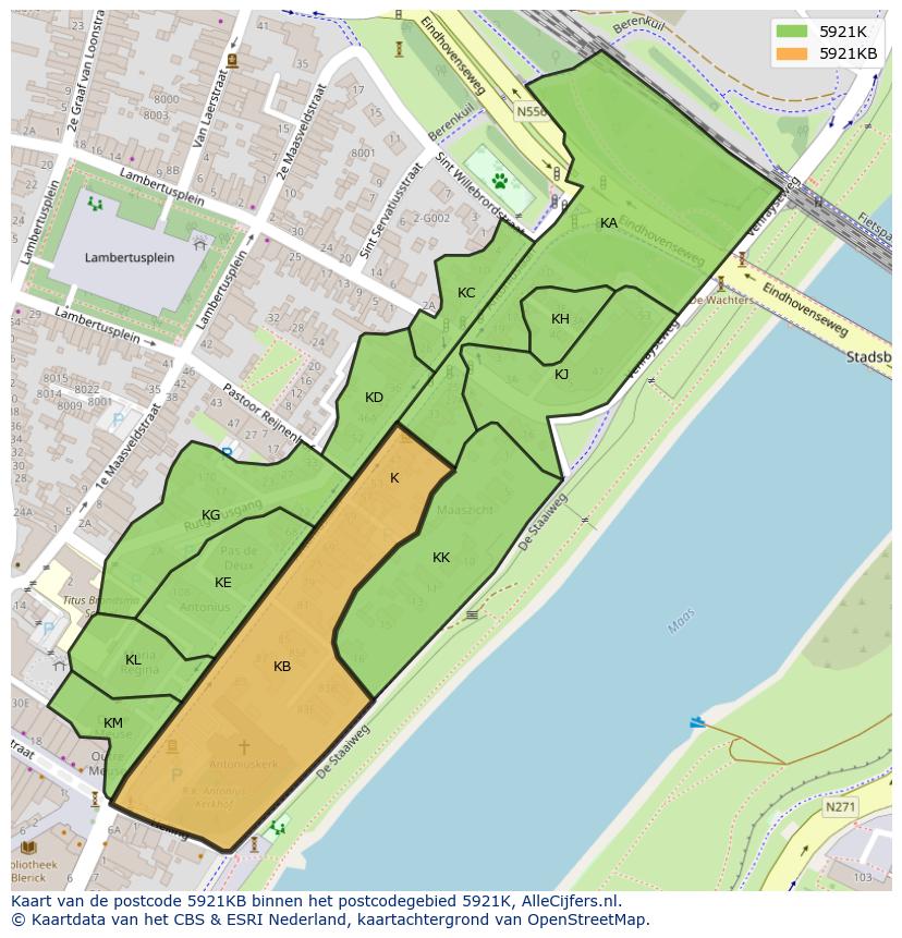 Afbeelding van het postcodegebied 5921 KB op de kaart.