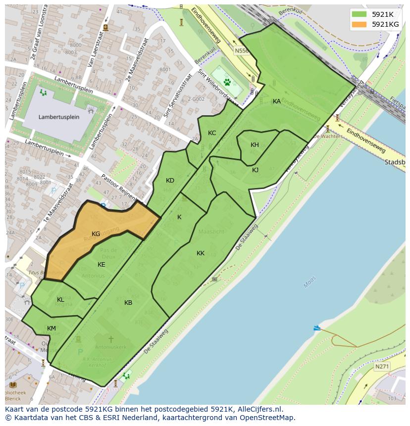 Afbeelding van het postcodegebied 5921 KG op de kaart.
