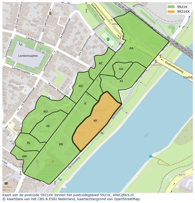 Afbeelding van het postcodegebied 5921 KK op de kaart.