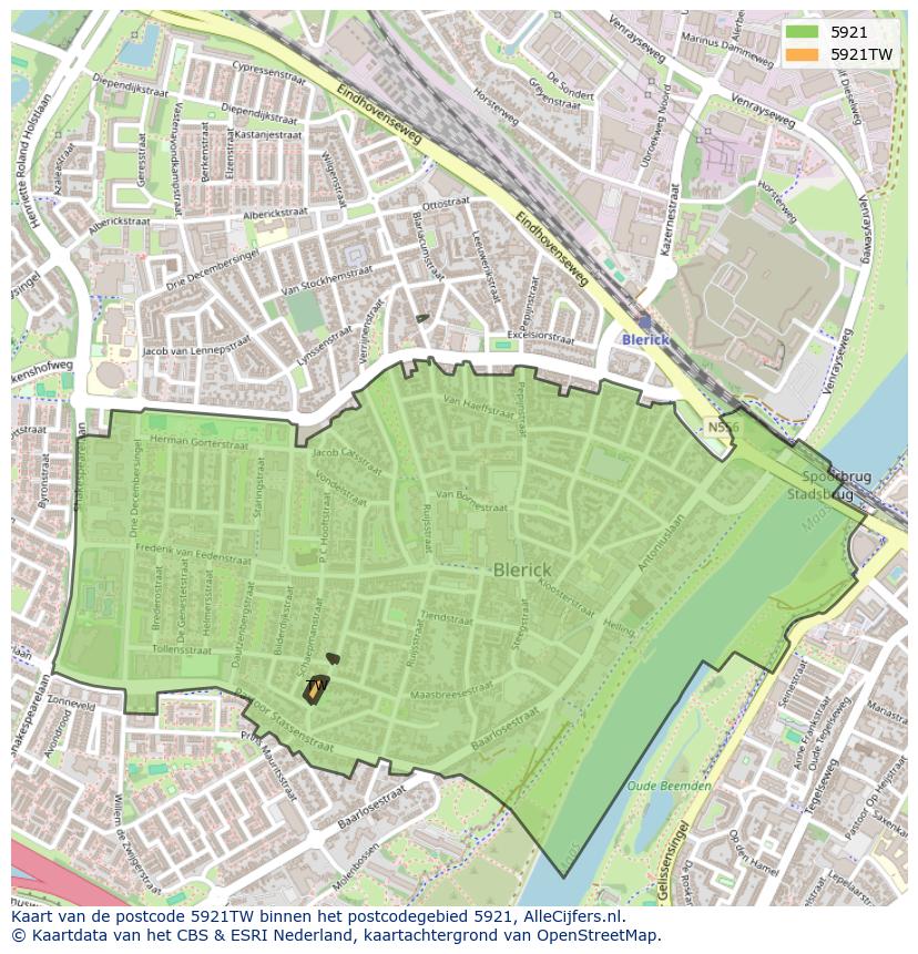 Afbeelding van het postcodegebied 5921 TW op de kaart.