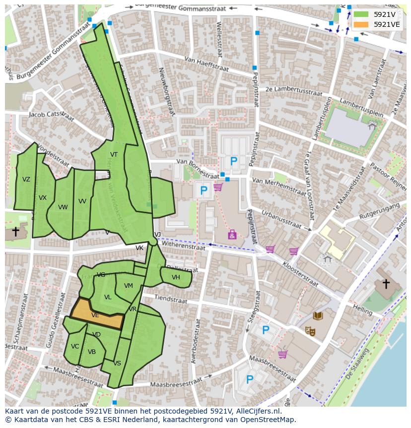 Afbeelding van het postcodegebied 5921 VE op de kaart.