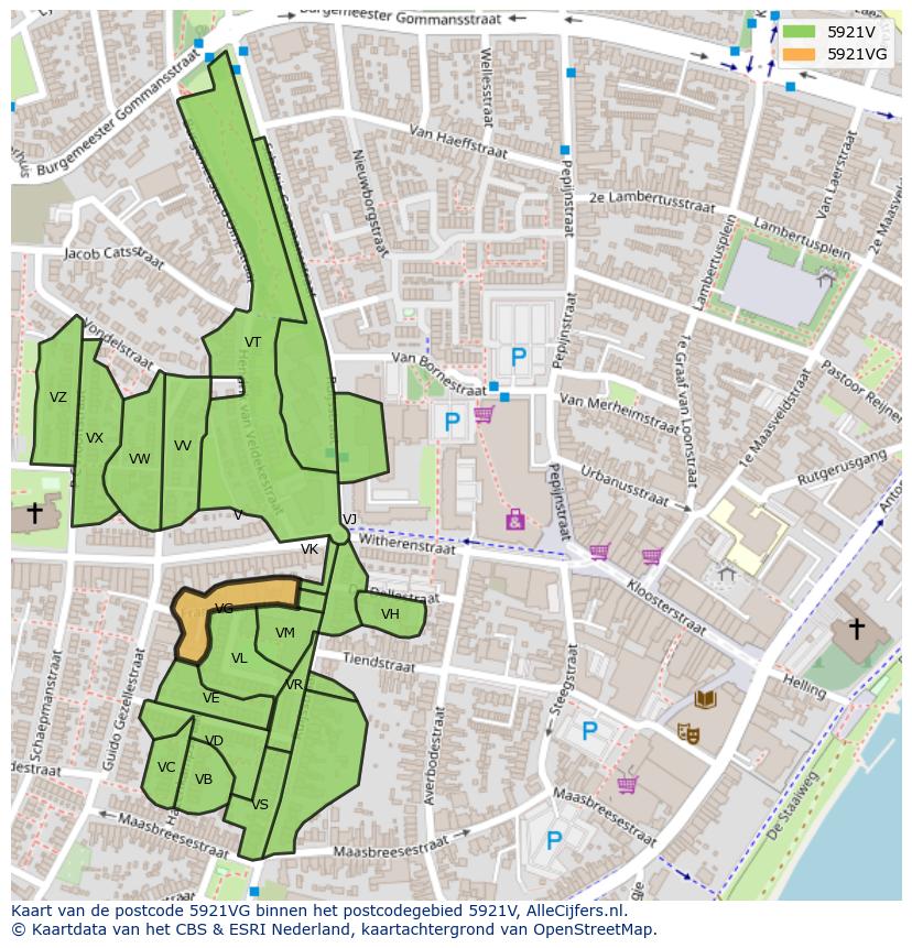 Afbeelding van het postcodegebied 5921 VG op de kaart.