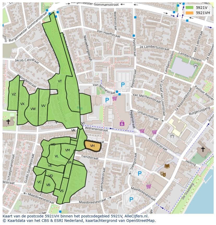 Afbeelding van het postcodegebied 5921 VH op de kaart.