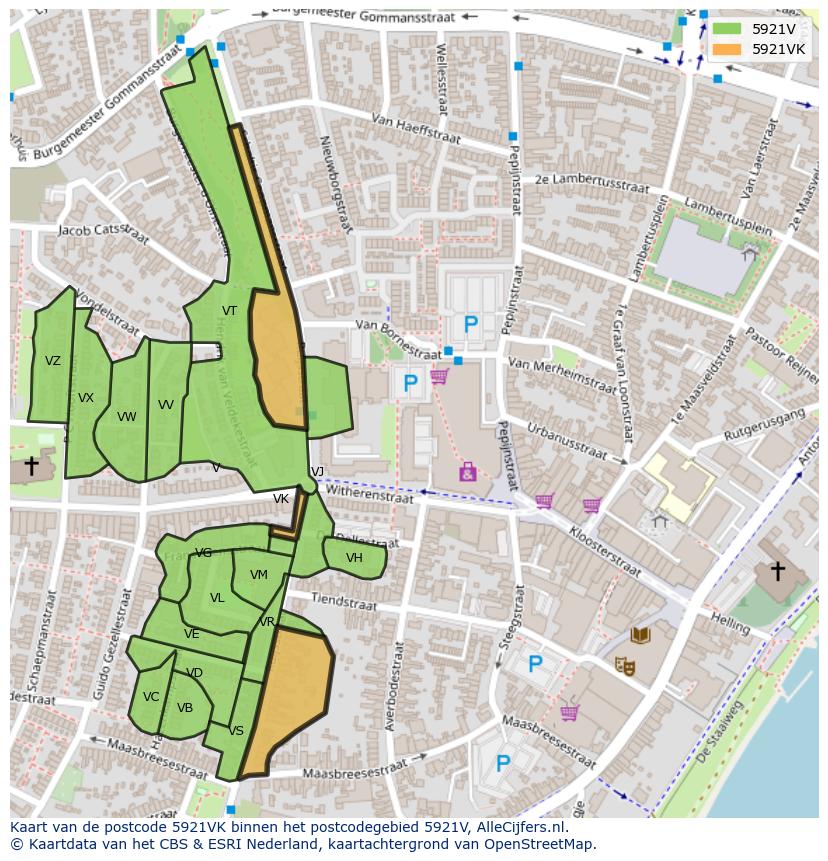 Afbeelding van het postcodegebied 5921 VK op de kaart.