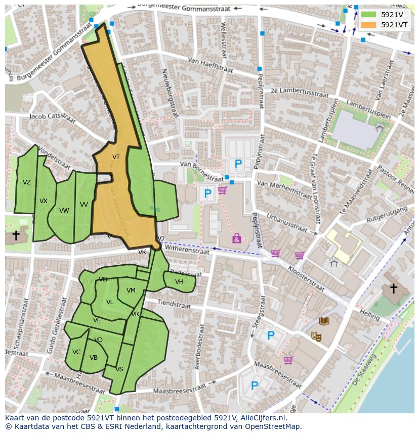 Afbeelding van het postcodegebied 5921 VT op de kaart.