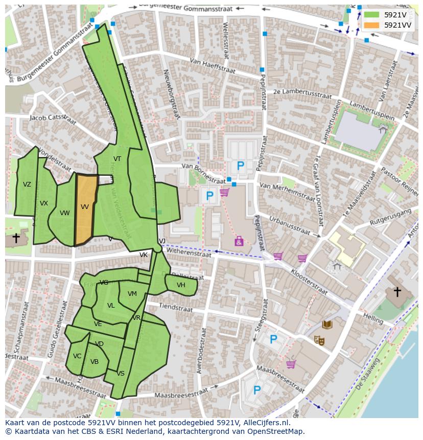 Afbeelding van het postcodegebied 5921 VV op de kaart.
