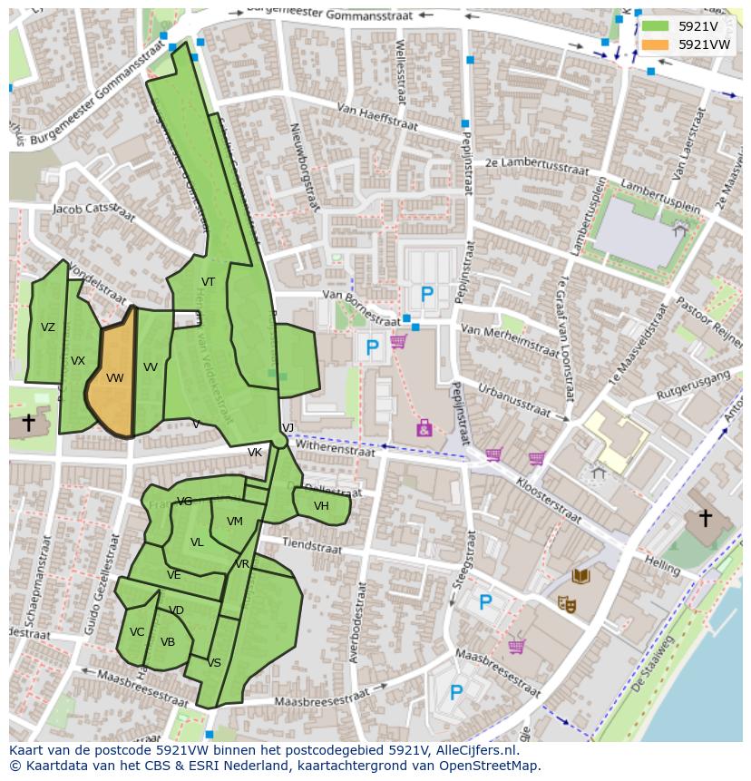 Afbeelding van het postcodegebied 5921 VW op de kaart.