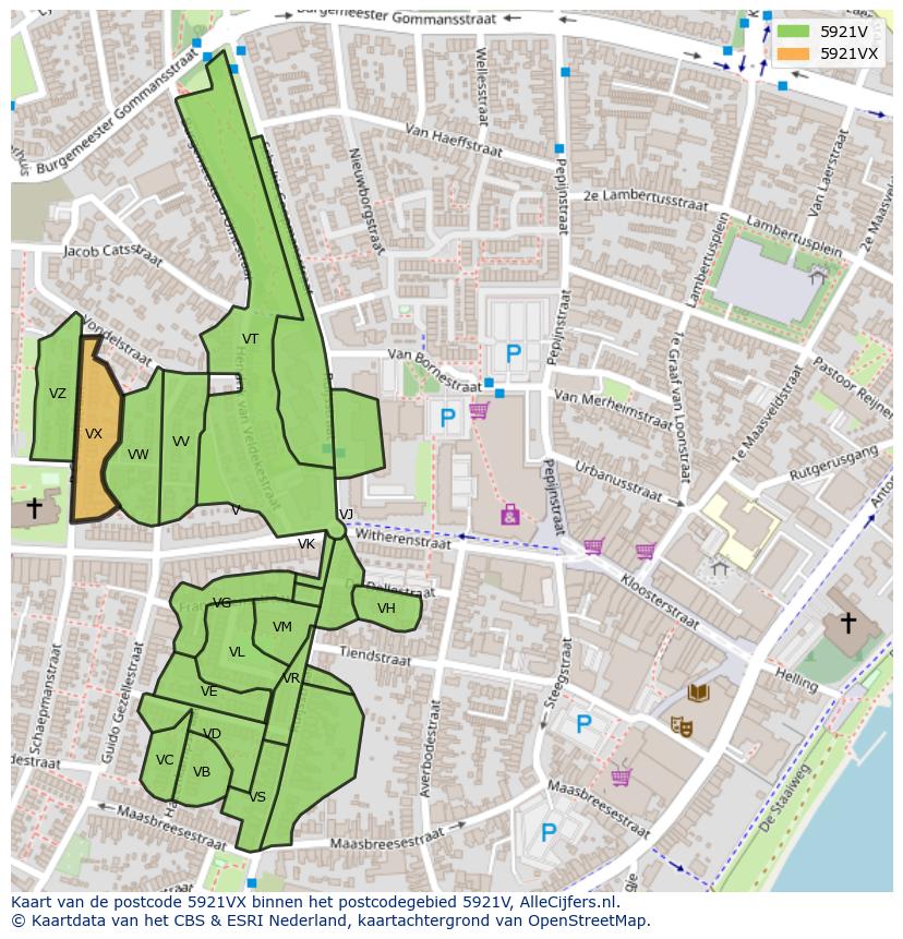 Afbeelding van het postcodegebied 5921 VX op de kaart.