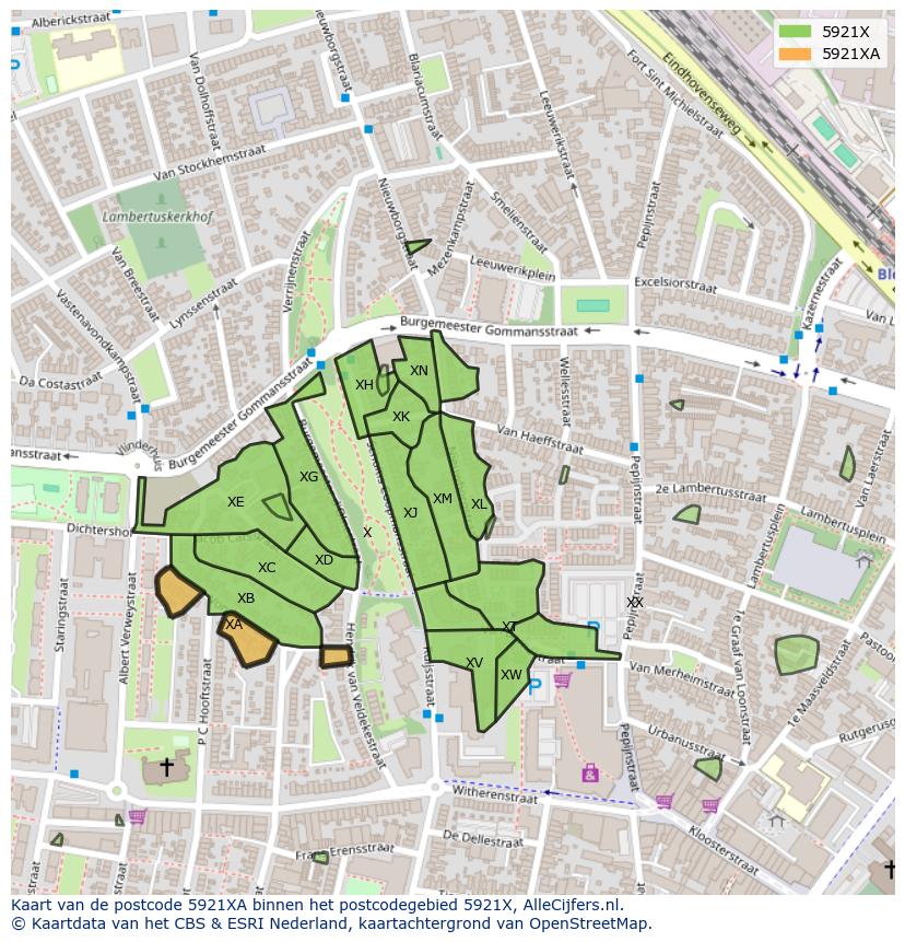 Afbeelding van het postcodegebied 5921 XA op de kaart.