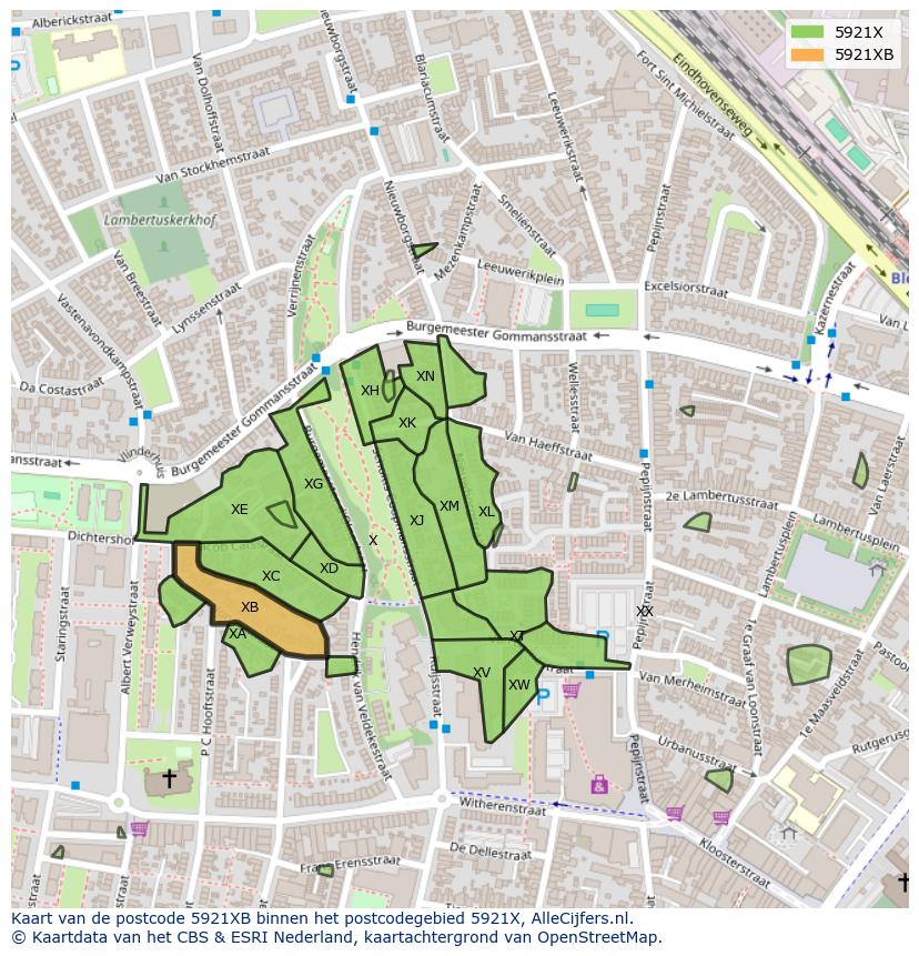 Afbeelding van het postcodegebied 5921 XB op de kaart.