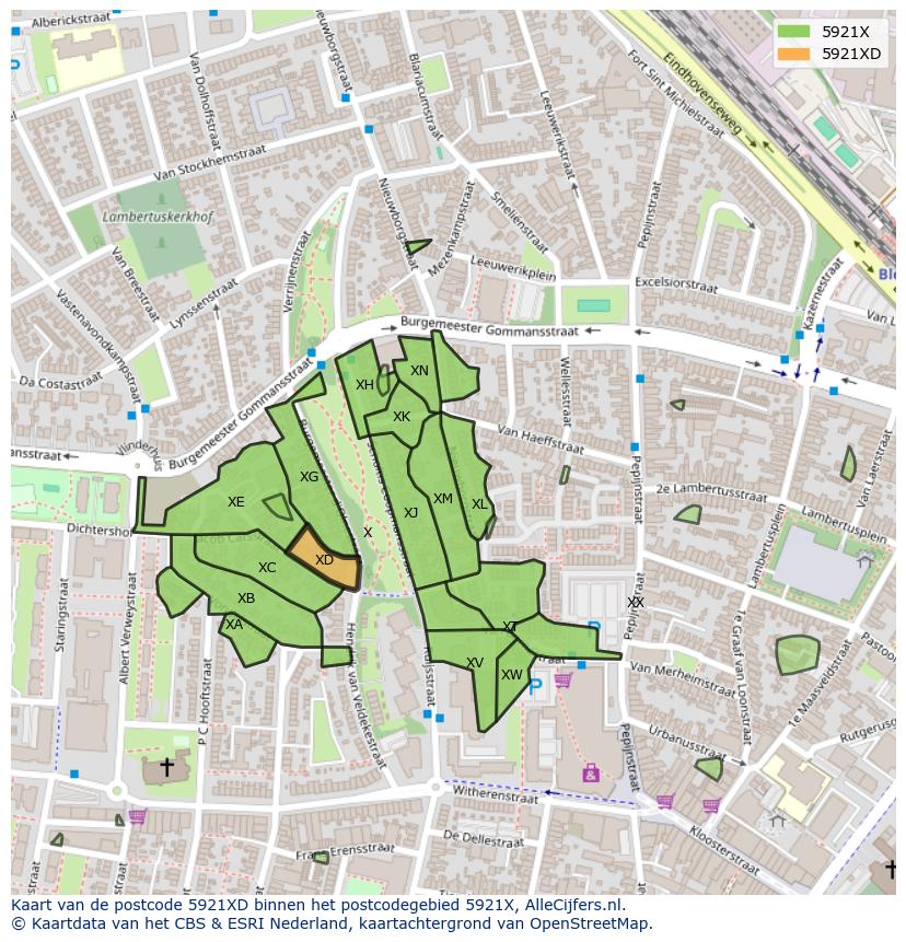 Afbeelding van het postcodegebied 5921 XD op de kaart.